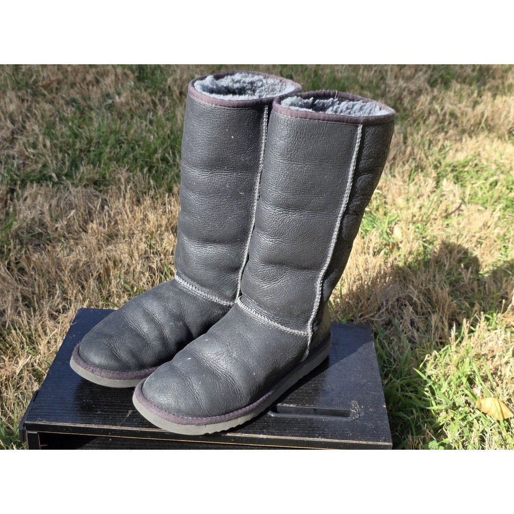 UGG Australia Classic Tall Bomber Leather Boots Charcoal Grey Sheepskin Lining